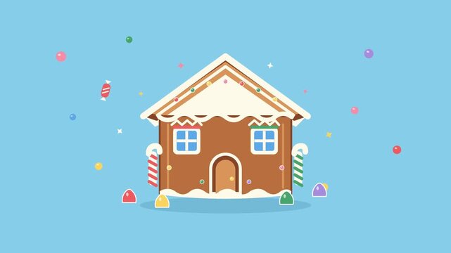 Cute cartoon gingerbread house decorated with colorful candies on a light blue background.