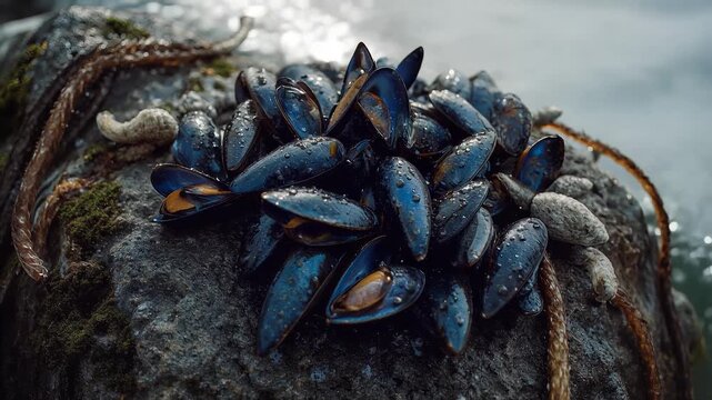 Fresh blue mussels clustered on a wet coastal rock by the sea