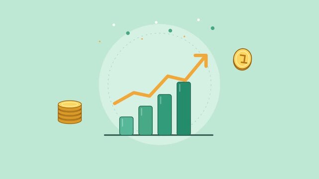 Flat vector illustration of a growing bar chart with gold coins representing financial success and business growth.