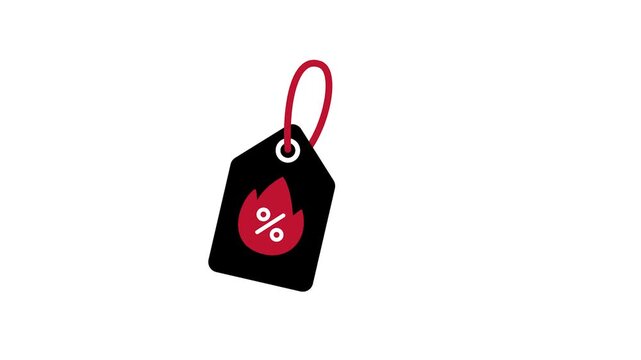 Modern graphic of a black sale tag featuring a burning red flame and percentage symbol