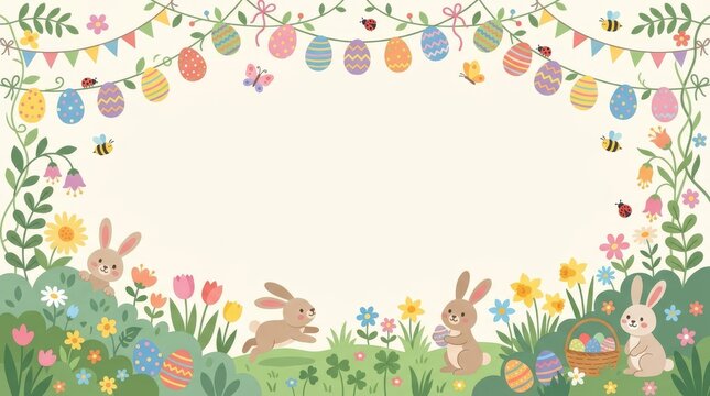 Easter frame background decorated with colorful eggs and playful rabbits