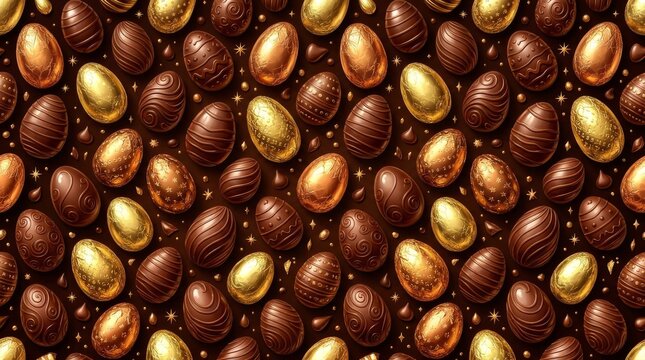 Easter pattern featuring festive metallic gold and dark chocolate eggs