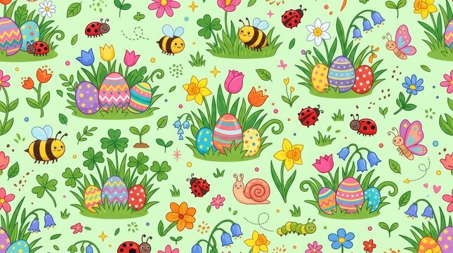 Easter pattern with decorative eggs and springtime flowers in a whimsical meadow setting