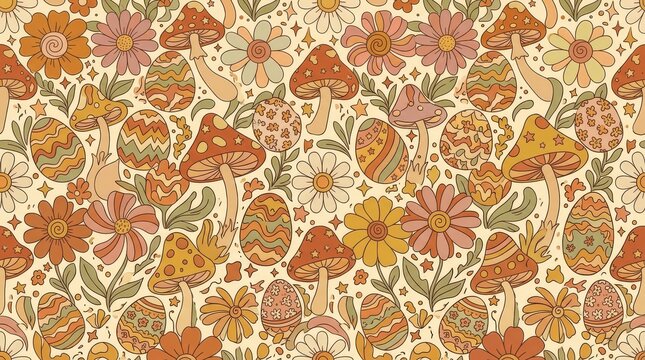 Easter pattern with autumn colored mushrooms and floral decorative elements mushroom botanical