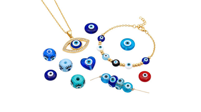 Evil eye jewelry set, gold necklace and bracelet with blue Nazar amulet beads, traditional lucky talisman crafts isolated PNG with Transparent Background
