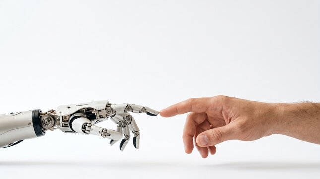 A close up of a high tech robotic hand reaching out to touch a human hand, symbolizing the connection between biology and artificial intelligence.