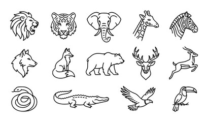 Obraz premium Minimal Wild Animal Head and Body Outline Icons Thin Line Vector Collection
