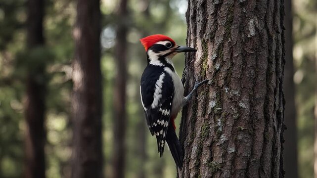 Red crested woodpecker clinging to tree trunk in pine forest