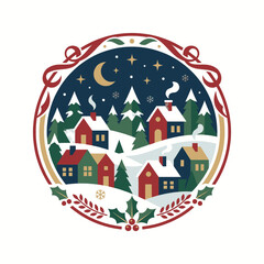 Obraz premium Charming Winter Village Scene with Cozy Houses and Snowy Landscape under a Starry Night Sky.