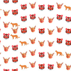 Seamless pattern of tiger faces, reindeer ornaments, and cougars © leni