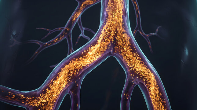A detailed medical visualization showing the flow of glowing red blood cells through a complex human vascular network of veins and arteries, highlighting the internal cardiovascular system and biol...