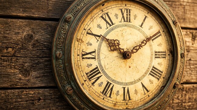 Clock with Ornate Hands on Old Rustic Wooden Wall