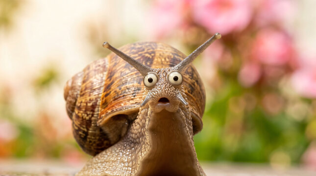 Funny garden snail with googly eyes looking at camera in a floral background.