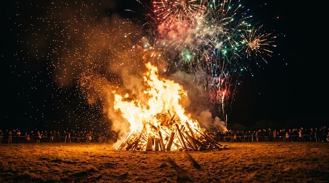 Bonfire Festival Celebration with Fireworks Crowd