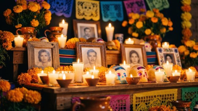 A traditional colorful Day of the Dead altar decorated with marigold flowers and flickering candles surrounding several framed portraits of deceased ancestors on a rustic wooden table