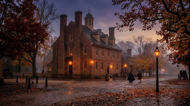 Colonial Street at Misty Autumn Twilight