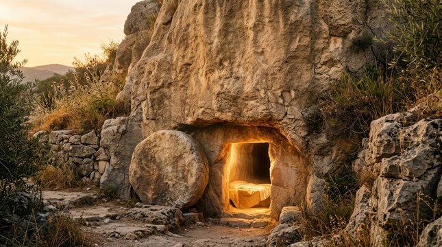 Ancient stone tomb with a large rolling stone and glowing light inside at sunset for Easter