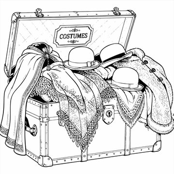 Open vintage costume trunk filled with Victorian bowler hats, lace shawls, and coats, antique theater wardrobe chest black and white vector line art illustration isolated on white background
