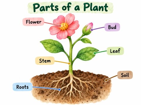Watercolor plant parts diagram with flower, bud, leaves, stem, roots and soil. Educational botany illustration for children, science classroom learning and nature study