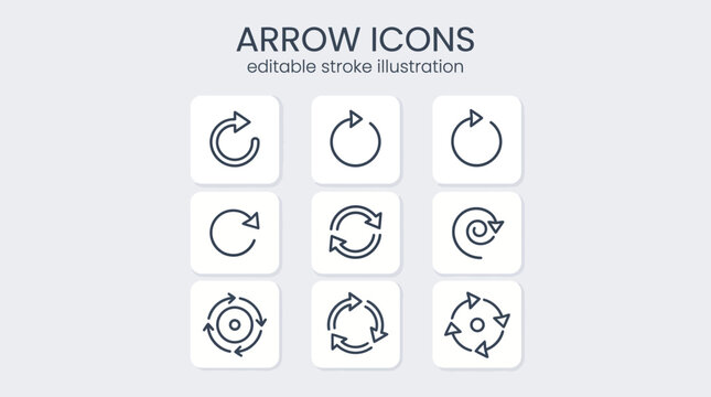 Arrow Icons 9 Editable Stroke Set, Rotation Circle Refresh Line Collection