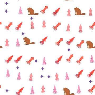 Seamless pattern of cartoon beavers, squids, and stingrays