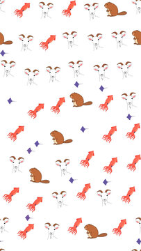 Seamless pattern of goats, squids, beavers, and stingrays
