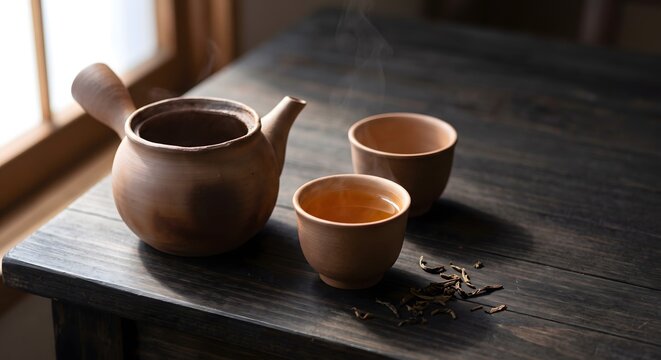 Photograph of a plain unglazed ceramic Japanese side handled teapot resting on a dark timber table beside two small handleless cups, one cup filled with clear amber hojicha tea and one empty.