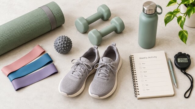 Elderly exercise equipment flat lay with yoga mat, dumbbells, resistance bands, sneakers, water bottle and activity planner. Healthy fitness routine concept