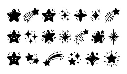 Fototapeta premium Cute Twinkling Stars and Sparkle Icons Collection, Black Vector Set