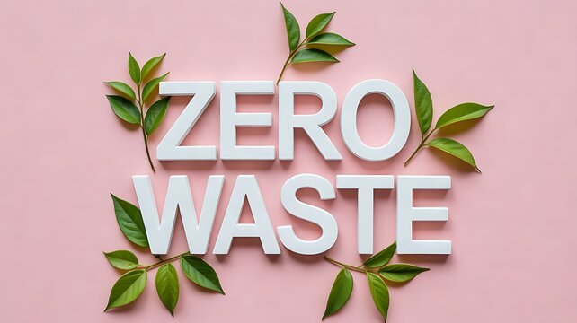 Zero waste text made of white letters surrounded by green leaves on a pink background
