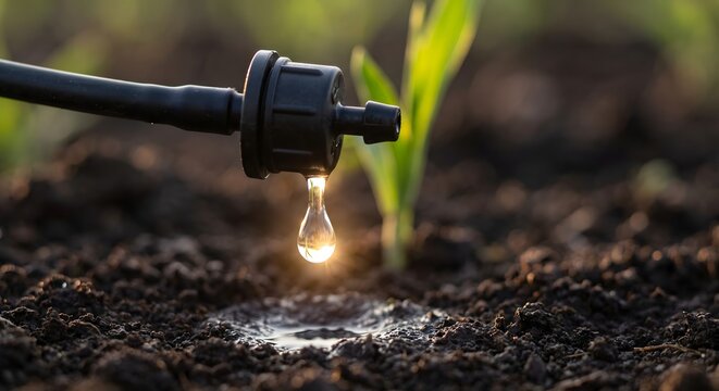 Extreme macro photograph of a small plain black drip irrigation emitter attached to a thin flexible tube, a single clear water droplet hanging from its outlet.