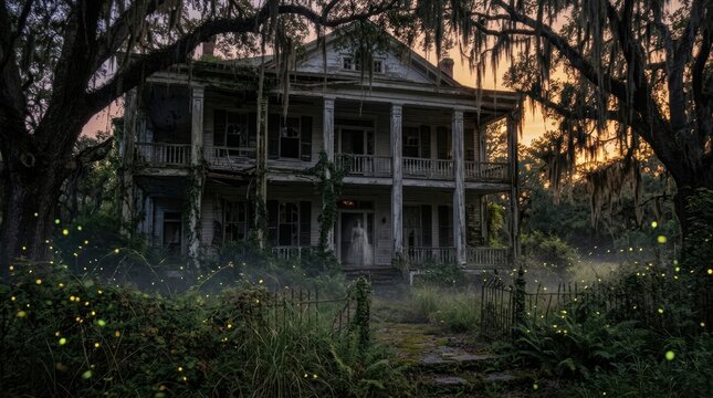 A abandoned plantation house with peeling paint and broken shutters, Spanish moss dripping from the trees. A ghostly figure stands on the porch, barely visible. Fireflies glow in the overgrown garden.