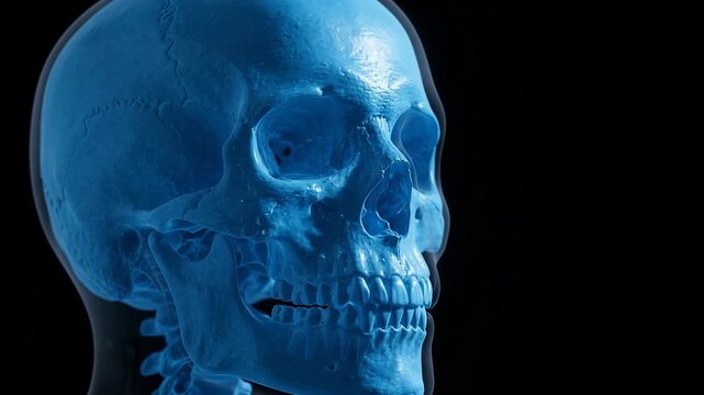 Blue Human Skull Animation - Rotating Anatomical Head Model with Jaw Movement - Cinematic 3D Medical Footage