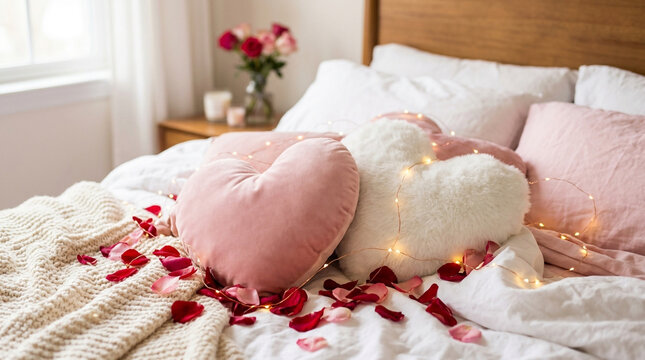 Close up of a cozy bed decorated with heart pillows rose petals and fairy lights for Valentines Day