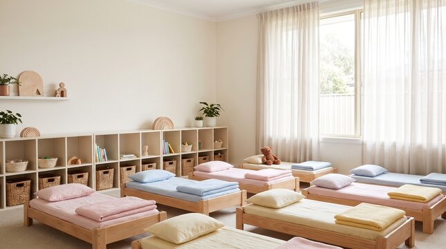 Daycare nap room with rows of small wooden toddler beds, pastel bedding, cubby shelves, and soft natural light from large windows in a clean modern interior