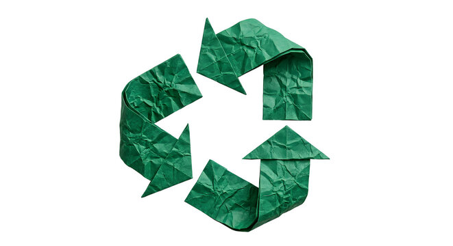 Origami recycling symbol green paper texture isolated for environmental design themes.