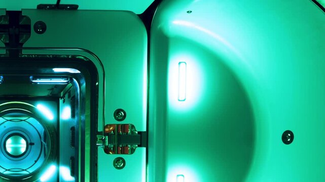 A close up view reveals a sleek, futuristic device with glowing green lights. The intricate design showcases high tech components that hint at innovative functionality within a laboratory environment.
