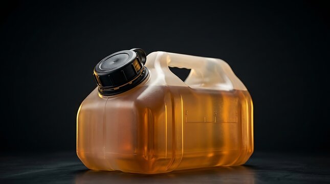 Fuel Canister: A translucent plastic canister filled with amber-colored liquid, likely fuel, is captured in a studio shot against a dark, textured background.
