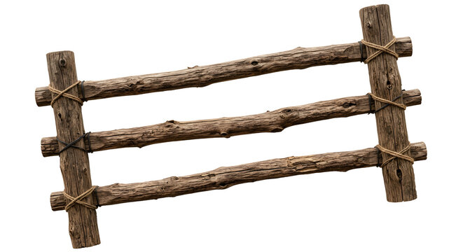 Rustic wooden fence made of rough logs tied with rope, ideal for rustic scenes or rural decor.