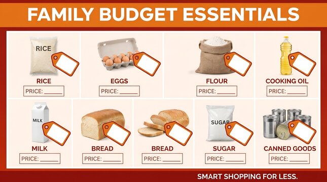 Family budget essentials infographic showing basic grocery items with blank price tags for smart shopping.