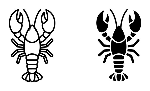 Lobster and crayfish line icons and silhouettes for seafood, food and marine life