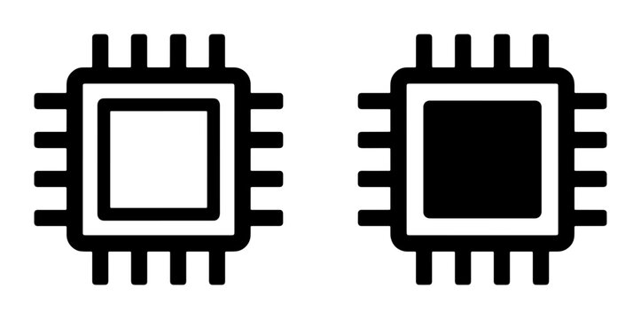 Computer chip icons set with solid and outline designs for technology and electronics