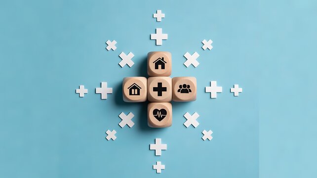 Wooden blocks with medical icons arranged in a plus shape on blue background