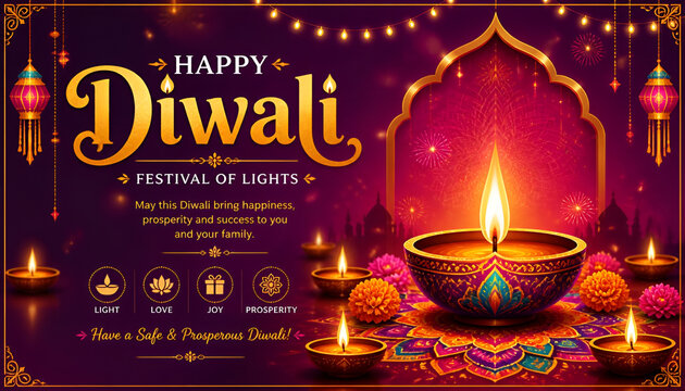 Happy Diwali - festival of lights colorful poster template design with decorative diya lamp