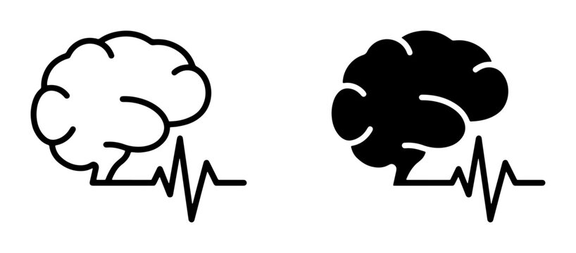 Brain and heartbeat line icon set with medical pulse wave for science and health