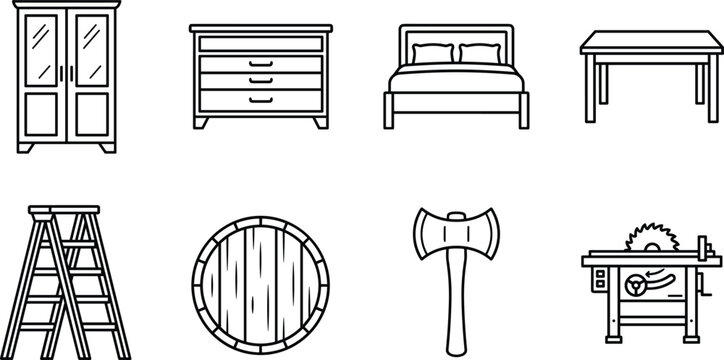  Wooden furniture and carpentry line icon set featuring wardrobe chest of drawers bed table ladder barrel axe and circular saw