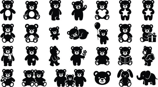 Collection of cute teddy bear character icons in various poses with stuffed animal