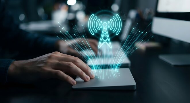 User hand operating trackpad with glowing telecommunication tower signal emitting frequency light beams