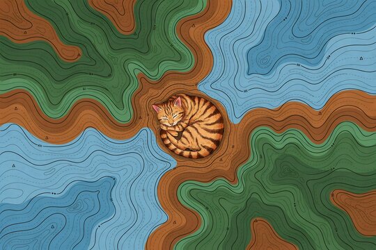 Charming ginger tabby cat sleeping peacefully curled up in the exact center of a colorful abstract topographic map vector illustration design.
