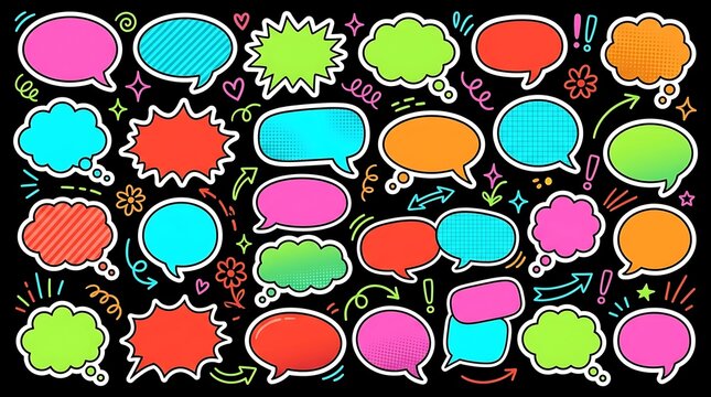 Speech bubbles neon doodle stickers set collection of colorful comic text boxes and thought balloons